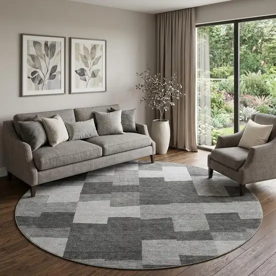 8' Gray And Silver Geometric Washable Round Rug With UV Protection Photo 1