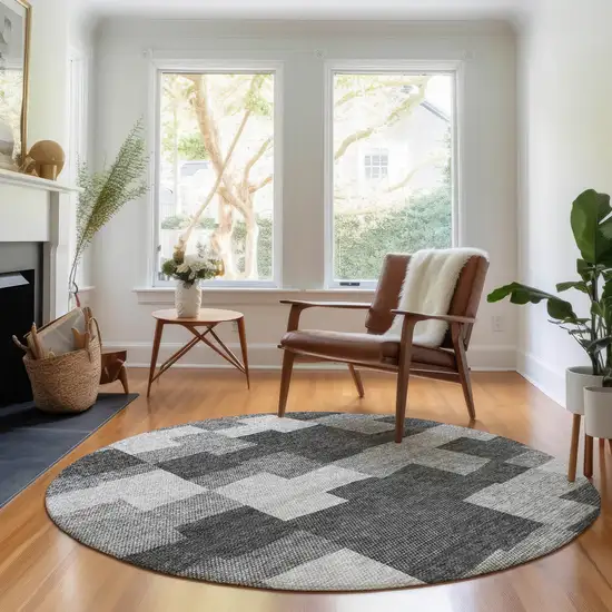 8' Gray And Silver Geometric Washable Round Rug With UV Protection Photo 4
