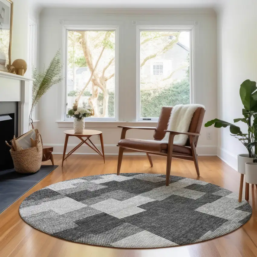 8' Gray And Silver Geometric Washable Round Rug With UV Protection Photo 4