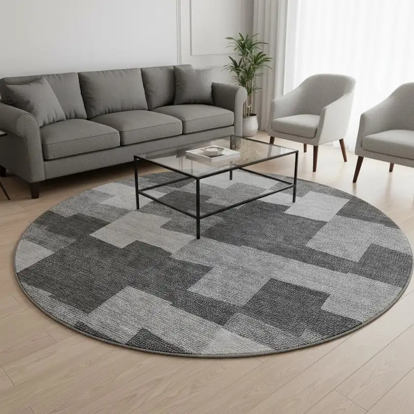 8' Gray And Silver Geometric Washable Round Rug With UV Protection Photo 2