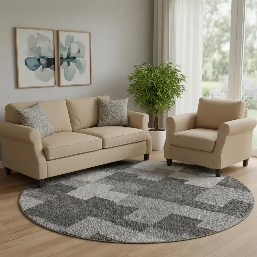 8' Gray And Silver Geometric Washable Round Rug With UV Protection Photo 1