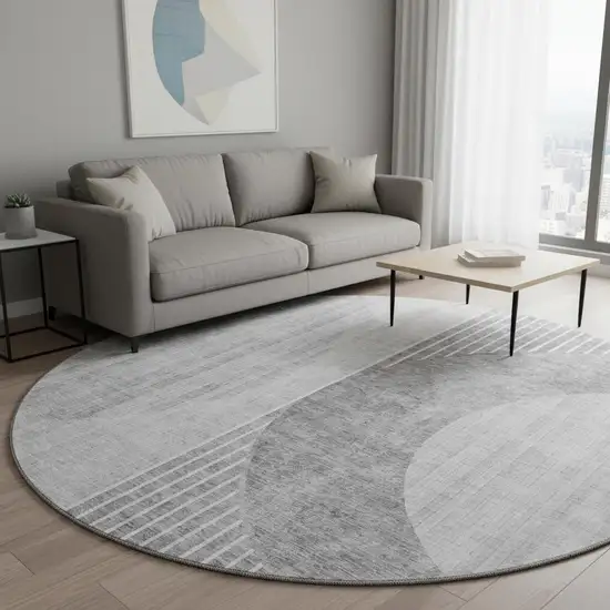 8' Gray And Silver Geometric Washable Round Rug With UV Protection Photo 2