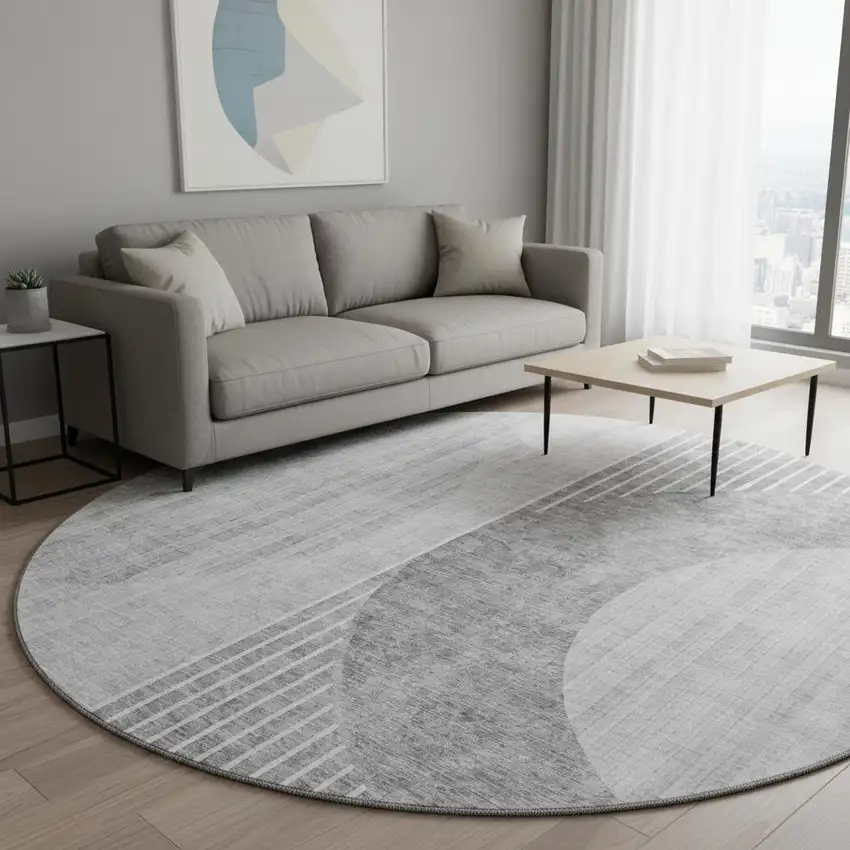 8' Gray And Silver Geometric Washable Round Rug With UV Protection Photo 2