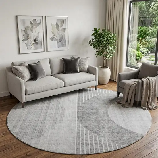 8' Gray And Silver Geometric Washable Round Rug With UV Protection Photo 1