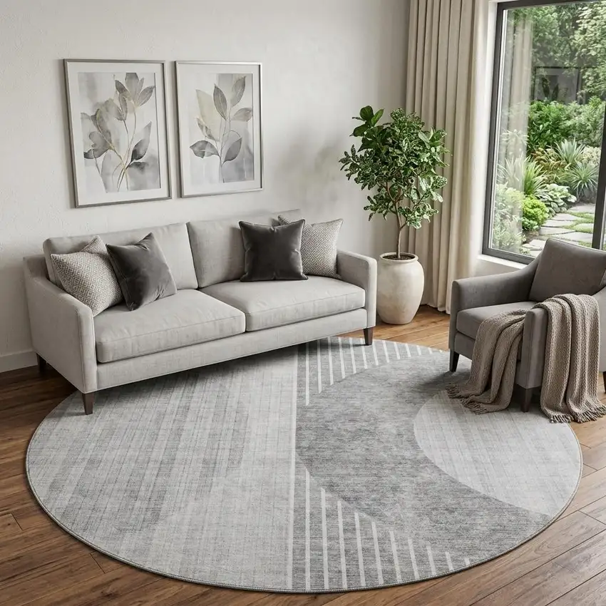 8' Gray And Silver Geometric Washable Round Rug With UV Protection Photo 1
