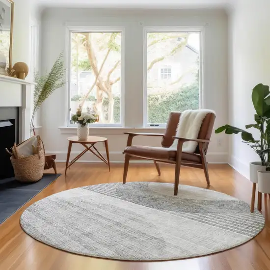 8' Gray And Silver Geometric Washable Round Rug With UV Protection Photo 5