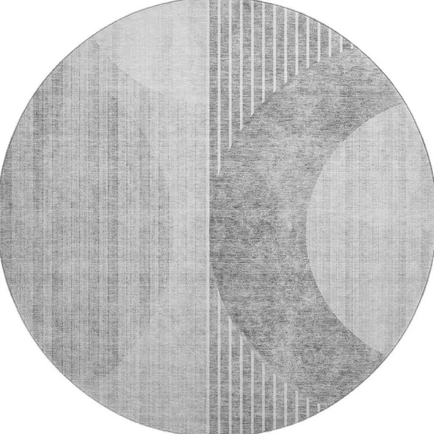8' Gray And Silver Geometric Washable Round Rug With UV Protection Photo 3