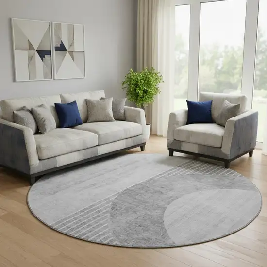 8' Gray And Silver Geometric Washable Round Rug With UV Protection Photo 1