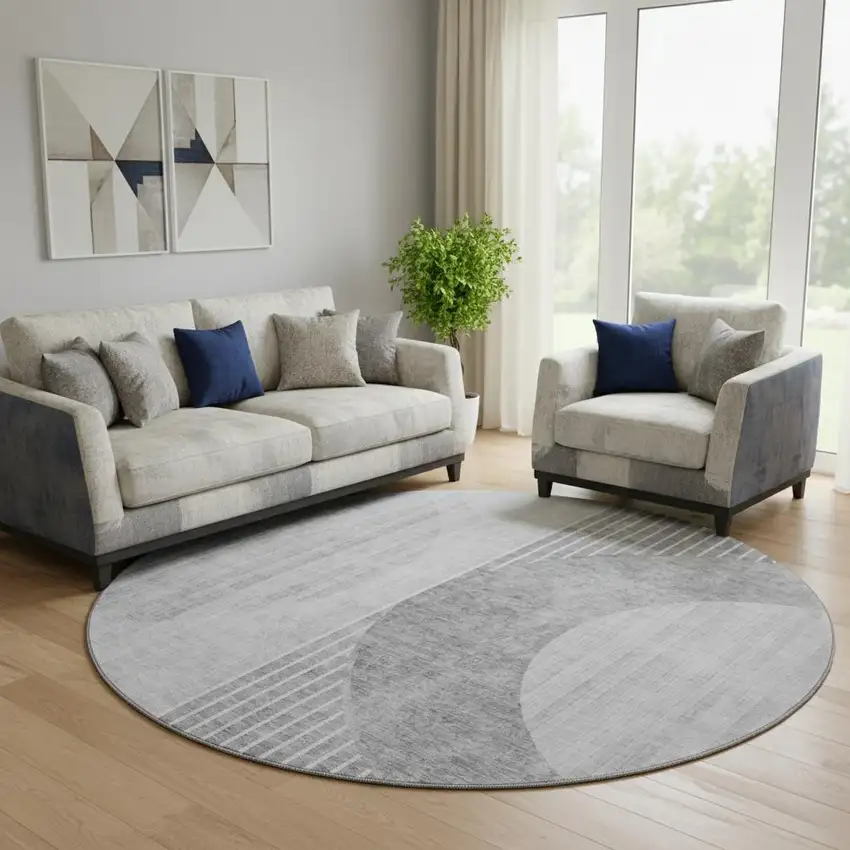8' Gray And Silver Geometric Washable Round Rug With UV Protection Photo 1