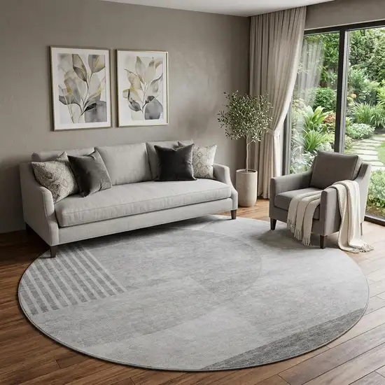 8' Gray And Silver Geometric Washable Round Rug With UV Protection Photo 1