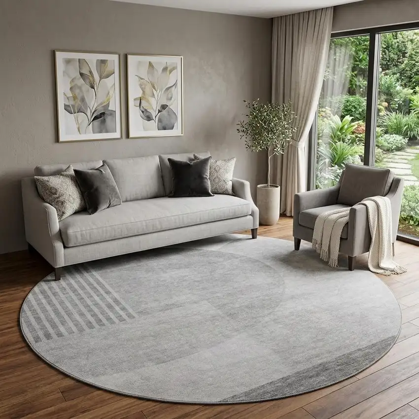 8' Gray And Silver Geometric Washable Round Rug With UV Protection Photo 1
