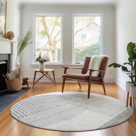 8' Gray And Silver Geometric Washable Round Rug With UV Protection Photo 5