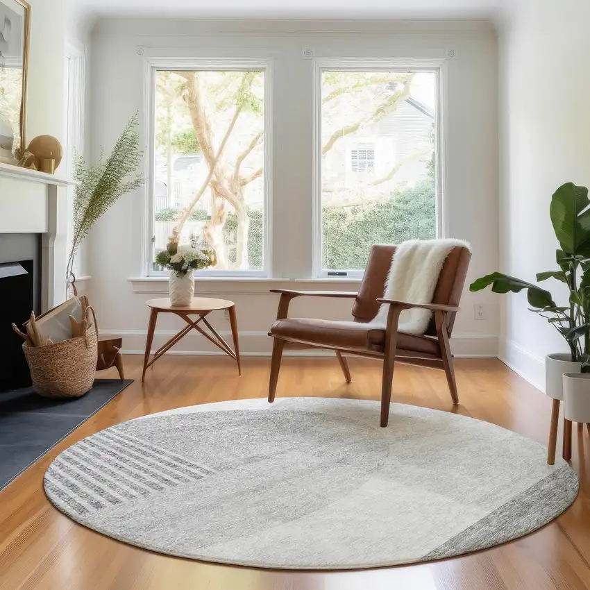 8' Gray And Silver Geometric Washable Round Rug With UV Protection Photo 5