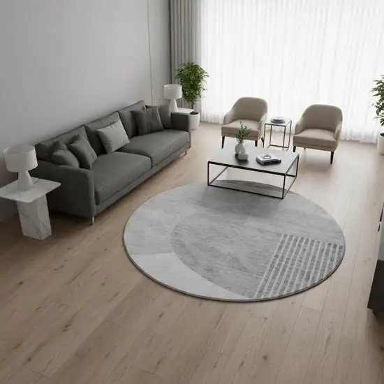 8' Gray And Silver Geometric Washable Round Rug With UV Protection Photo 2