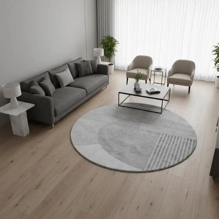 8' Gray And Silver Geometric Washable Round Rug With UV Protection Photo 2