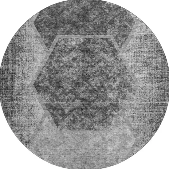 8' Gray And Silver Geometric Washable Round Rug With UV Protection Photo 3