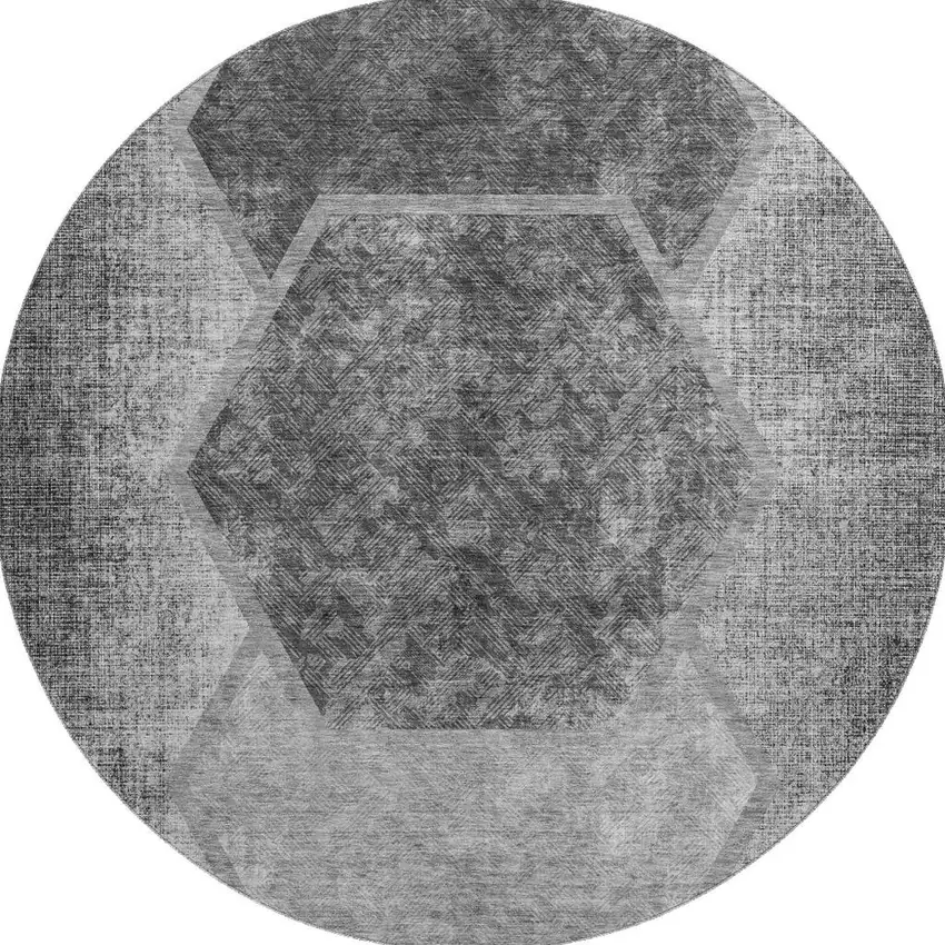 8' Gray And Silver Geometric Washable Round Rug With UV Protection Photo 3