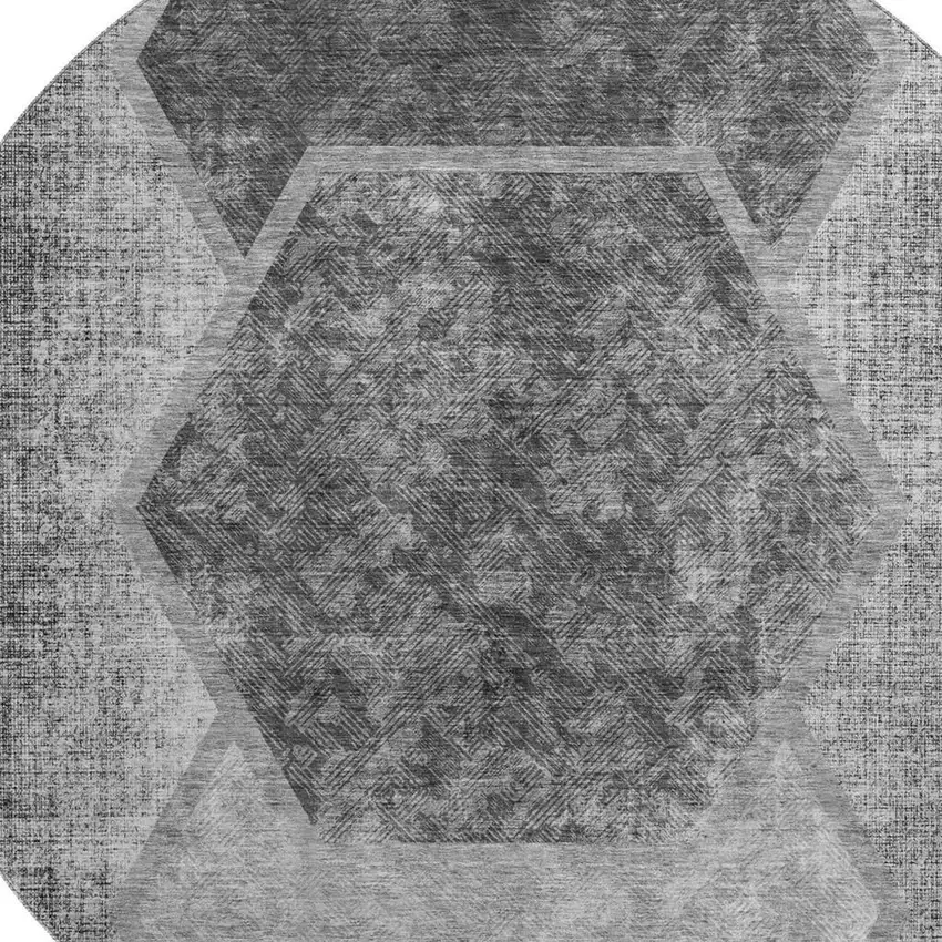 8' Gray And Silver Geometric Washable Round Rug With UV Protection Photo 4