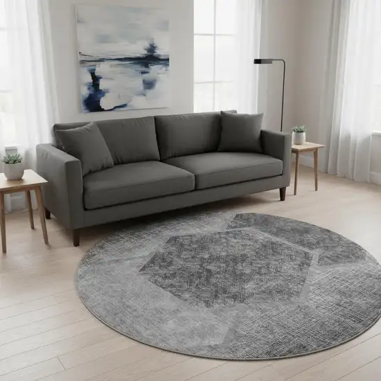 8' Gray And Silver Geometric Washable Round Rug With UV Protection Photo 2