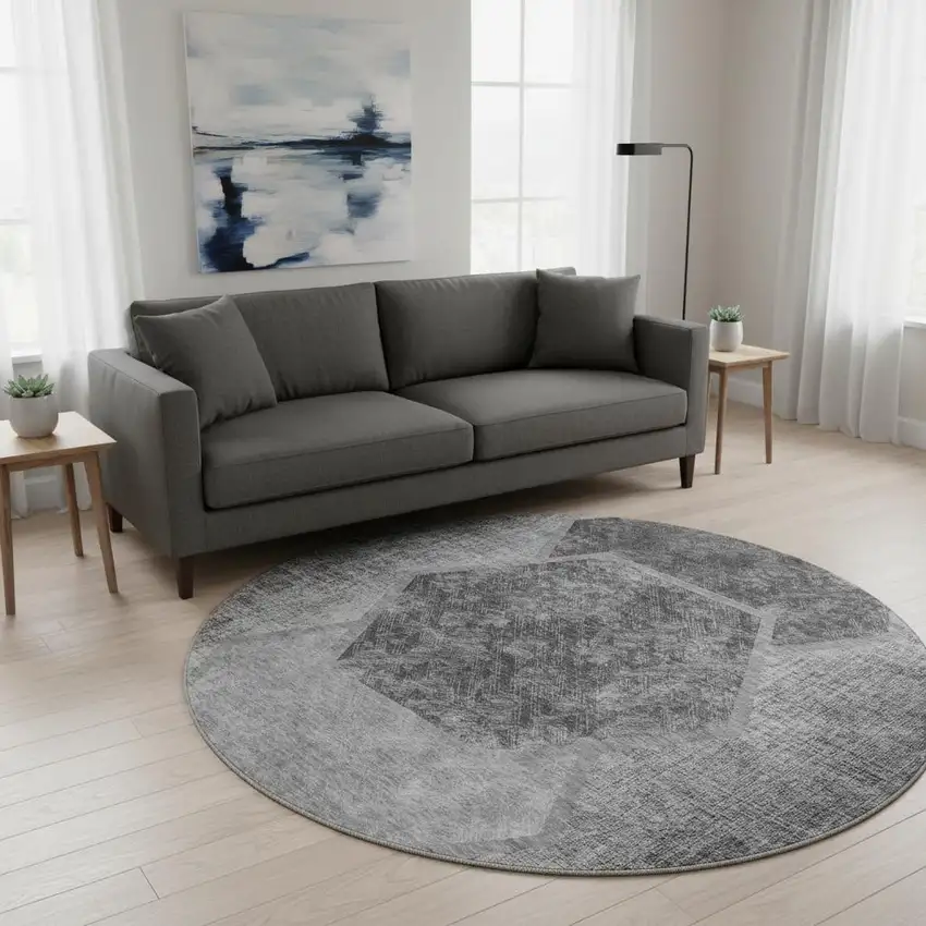 8' Gray And Silver Geometric Washable Round Rug With UV Protection Photo 2