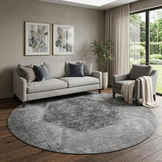 8' Gray And Silver Geometric Washable Round Rug With UV Protection Photo 1