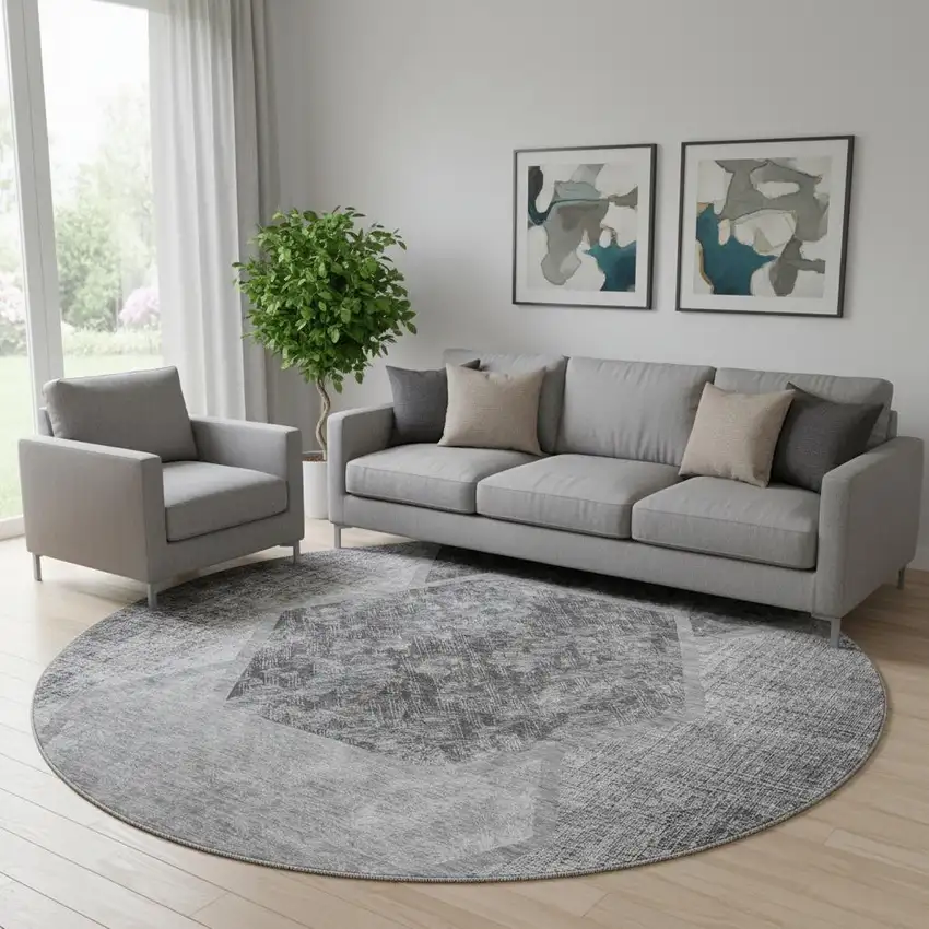 8' Gray And Silver Geometric Washable Round Rug With UV Protection Photo 1