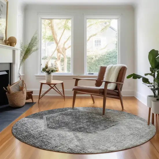 8' Gray And Silver Geometric Washable Round Rug With UV Protection Photo 5