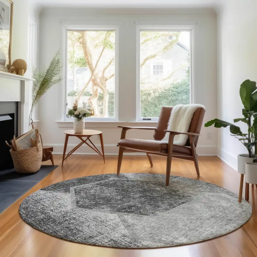 8' Gray And Silver Geometric Washable Round Rug With UV Protection Photo 5