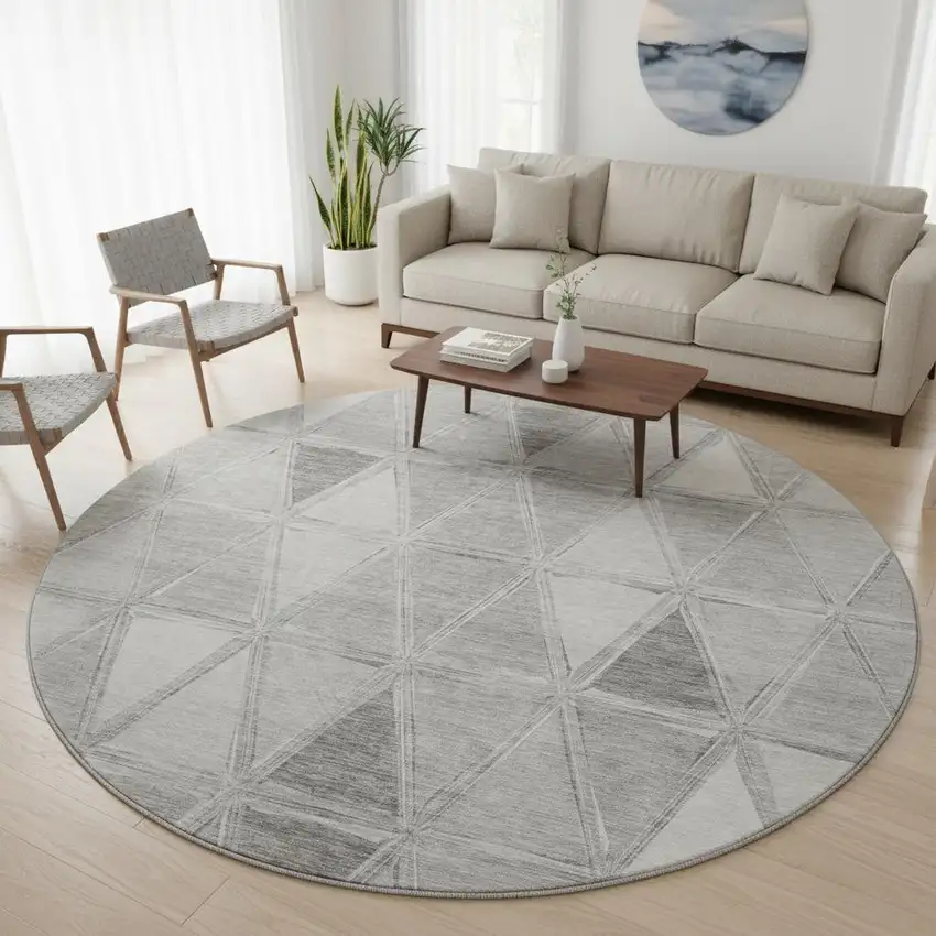 8' Gray And Silver Geometric Washable Round Rug With UV Protection Photo 2