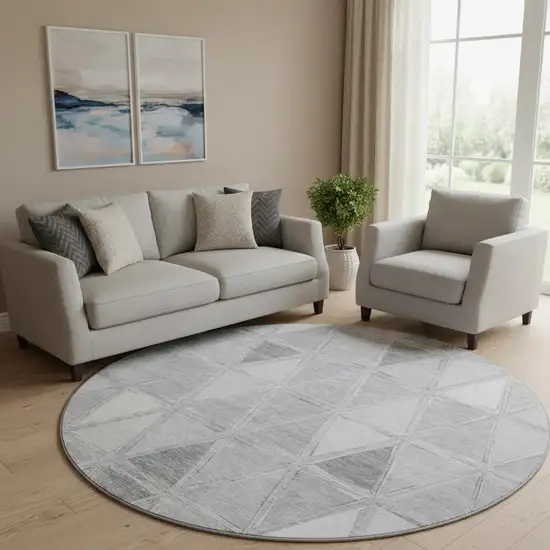 8' Gray And Silver Geometric Washable Round Rug With UV Protection Photo 1