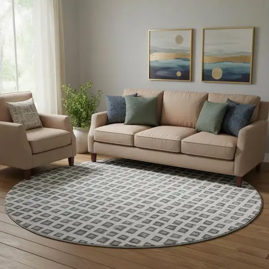 8' Gray And Silver Geometric Washable Round Rug With UV Protection Photo 1