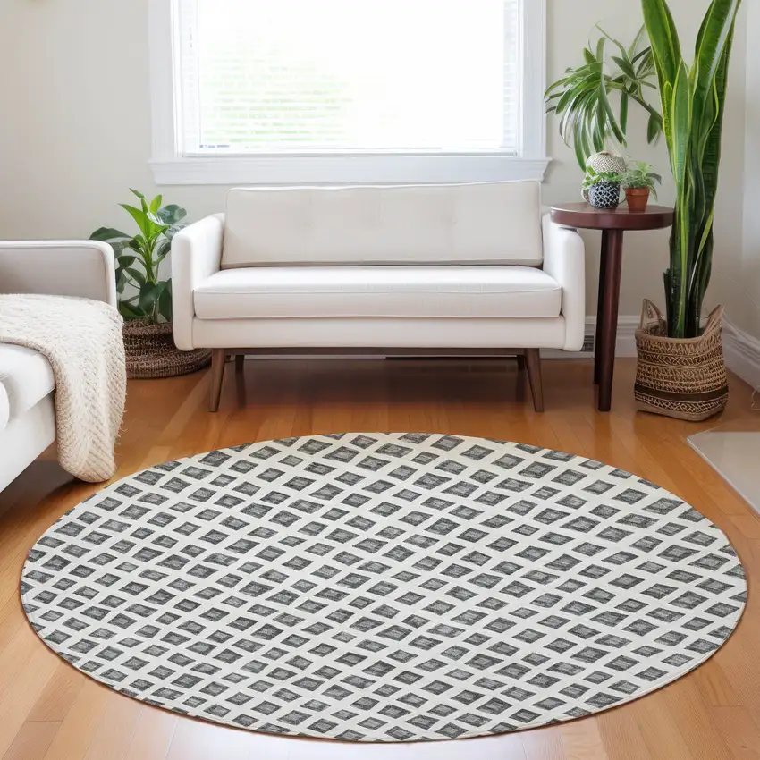 8' Gray And Silver Geometric Washable Round Rug With UV Protection Photo 5