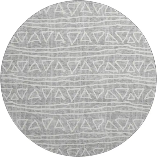 8' Gray And Silver Geometric Washable Round Rug With UV Protection Photo 1