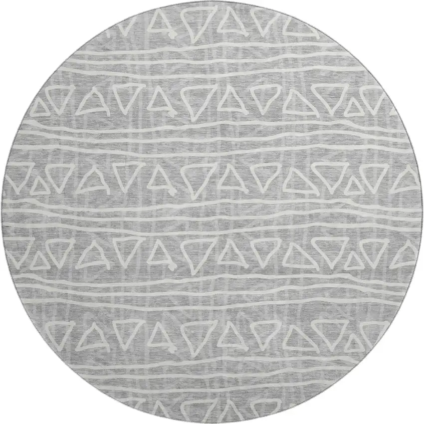 8' Gray And Silver Geometric Washable Round Rug With UV Protection Photo 1