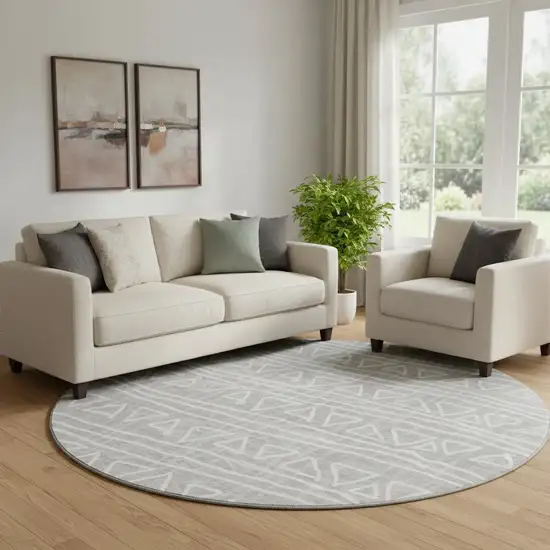 8' Gray And Silver Geometric Washable Round Rug With UV Protection Photo 1