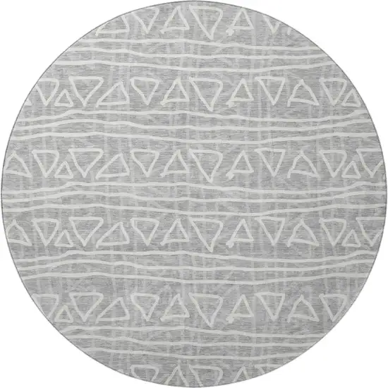 8' Gray And Silver Geometric Washable Round Rug With UV Protection Photo 3