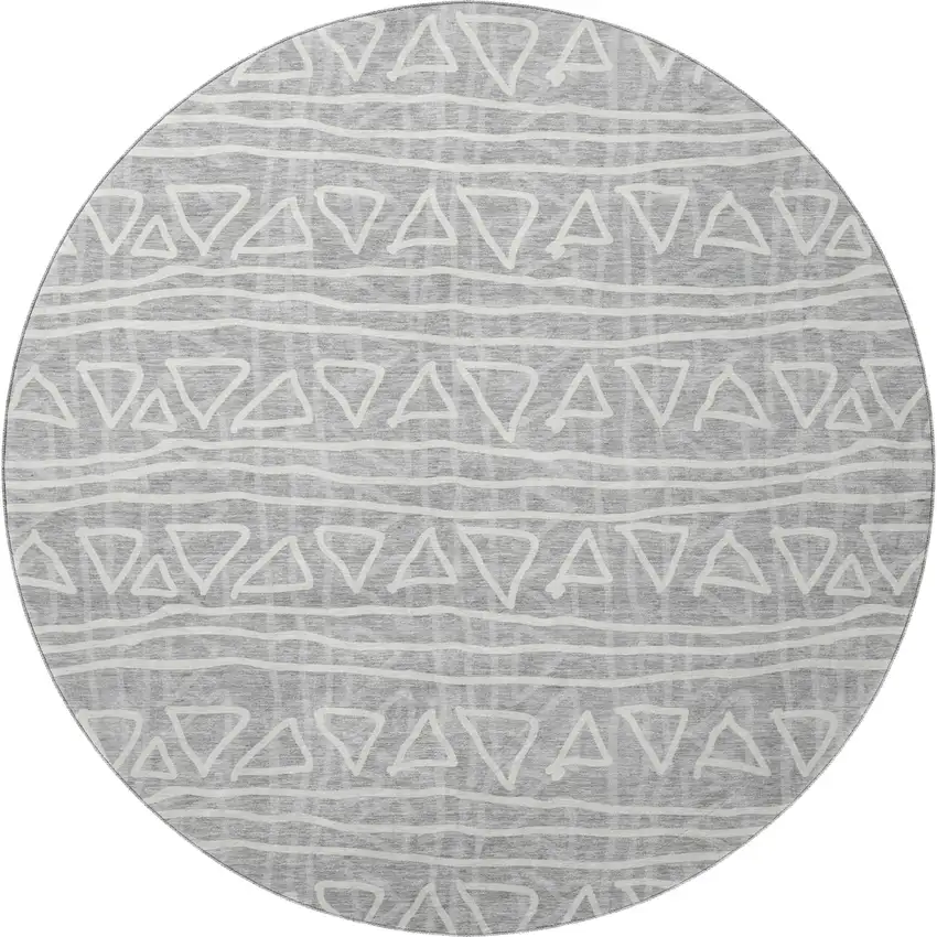 8' Gray And Silver Geometric Washable Round Rug With UV Protection Photo 3