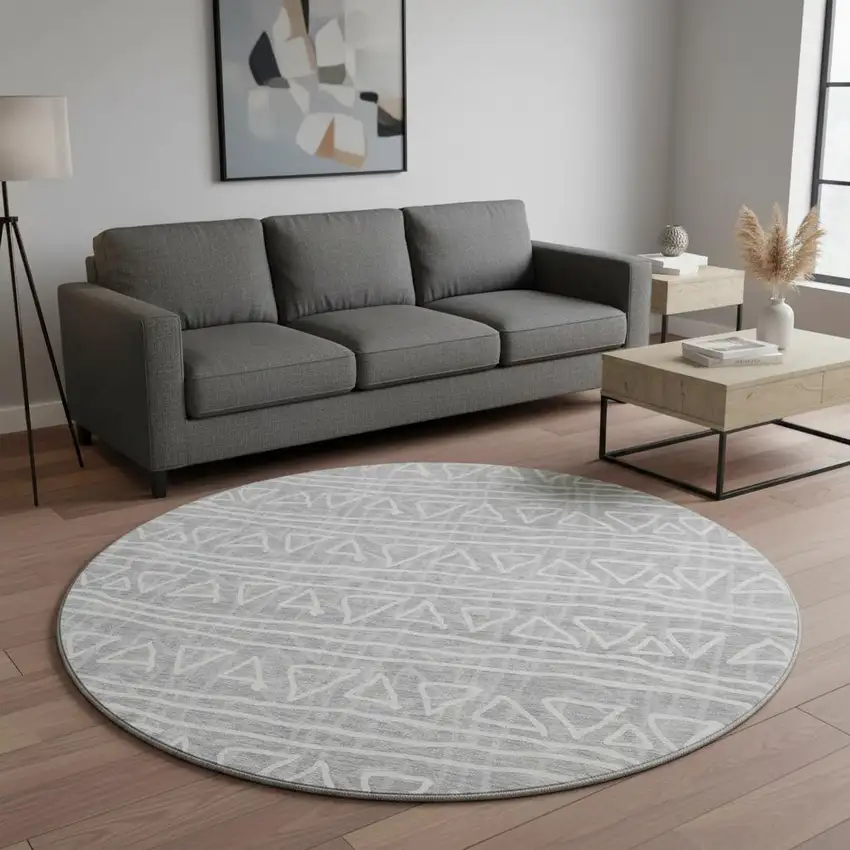 8' Gray And Silver Geometric Washable Round Rug With UV Protection Photo 2