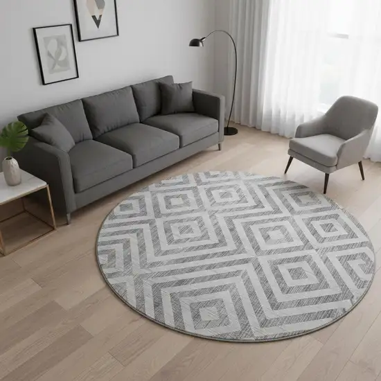 8' Gray And Silver Geometric Washable Round Rug With UV Protection Photo 2