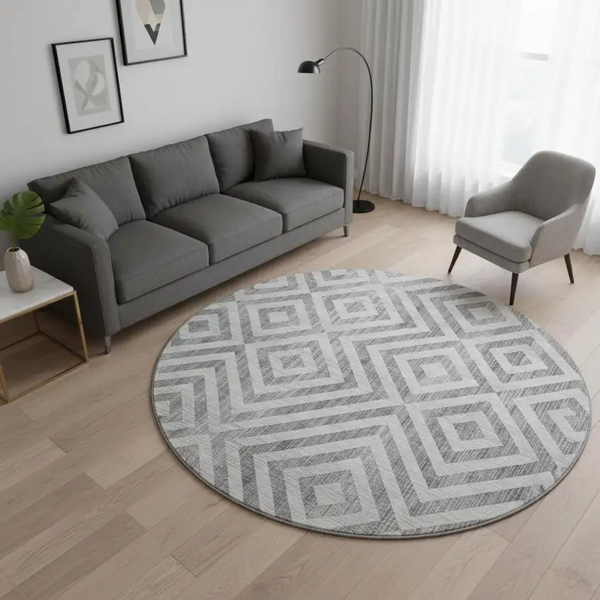 8' Gray And Silver Geometric Washable Round Rug With UV Protection Photo 2