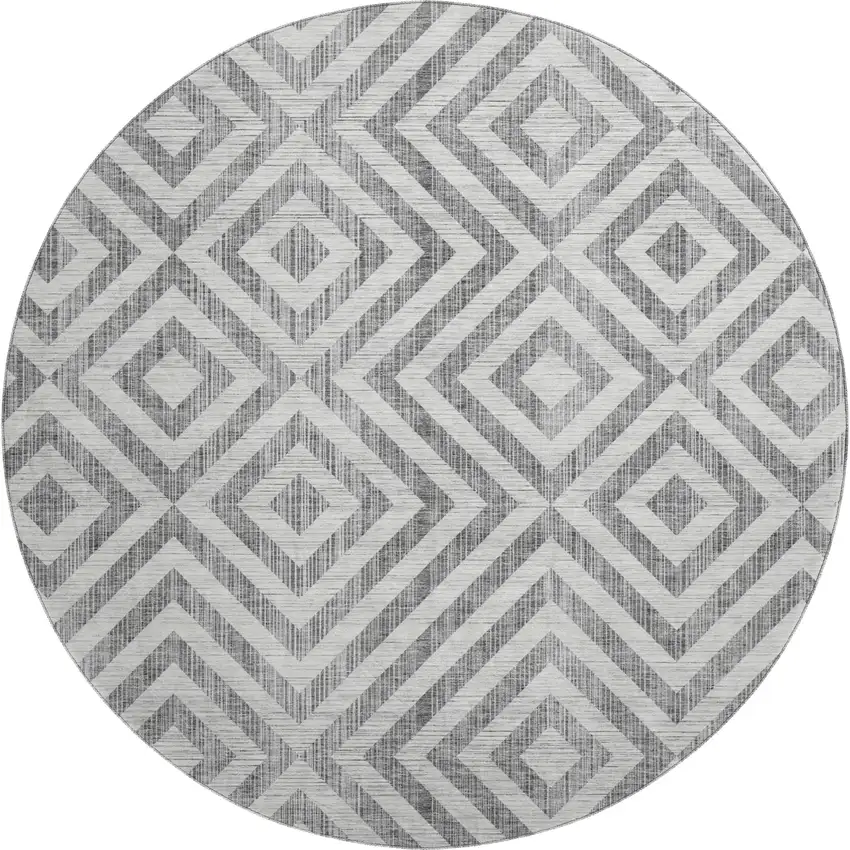 8' Gray And Silver Geometric Washable Round Rug With UV Protection Photo 1