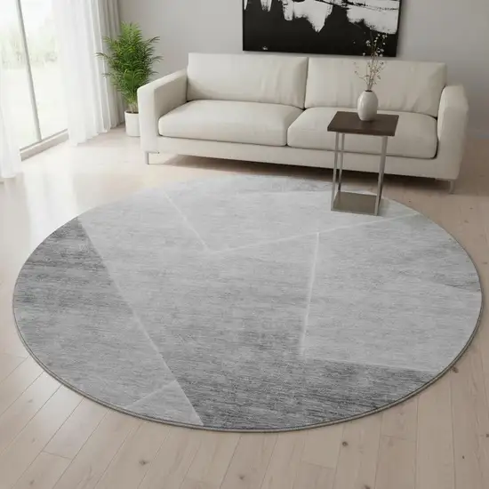 8' Gray And Silver Geometric Washable Round Rug With UV Protection Photo 2