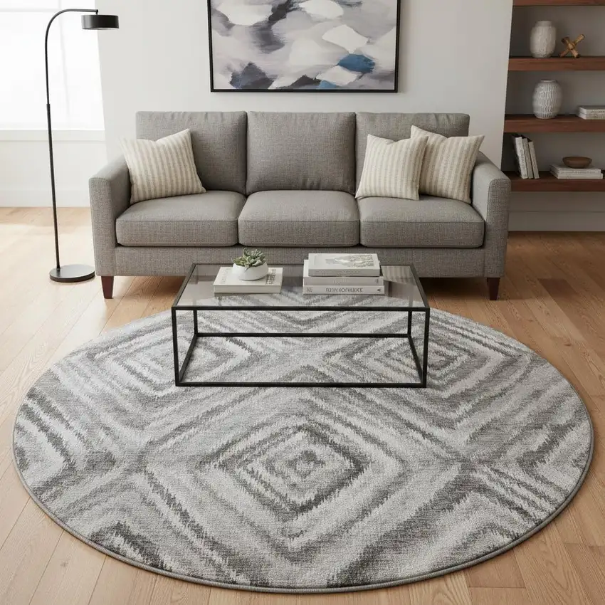 8' Gray And Silver Geometric Washable Round Rug With UV Protection Photo 2