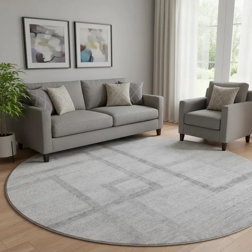 8' Gray And Silver Geometric Washable Round Rug With UV Protection Photo 1