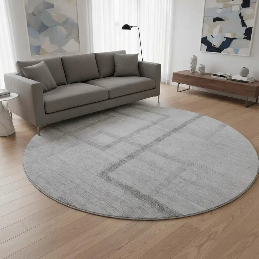 8' Gray And Silver Geometric Washable Round Rug With UV Protection Photo 2