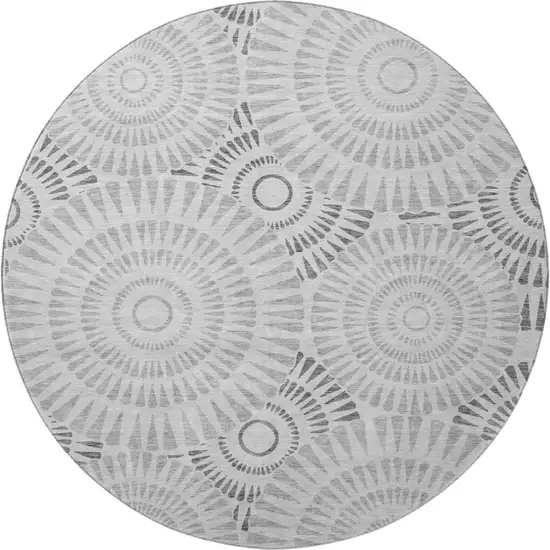 8' Gray And Silver Geometric Washable Round Rug With UV Protection Photo 4