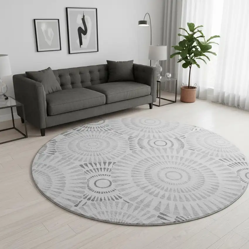 8' Gray And Silver Geometric Washable Round Rug With UV Protection Photo 2