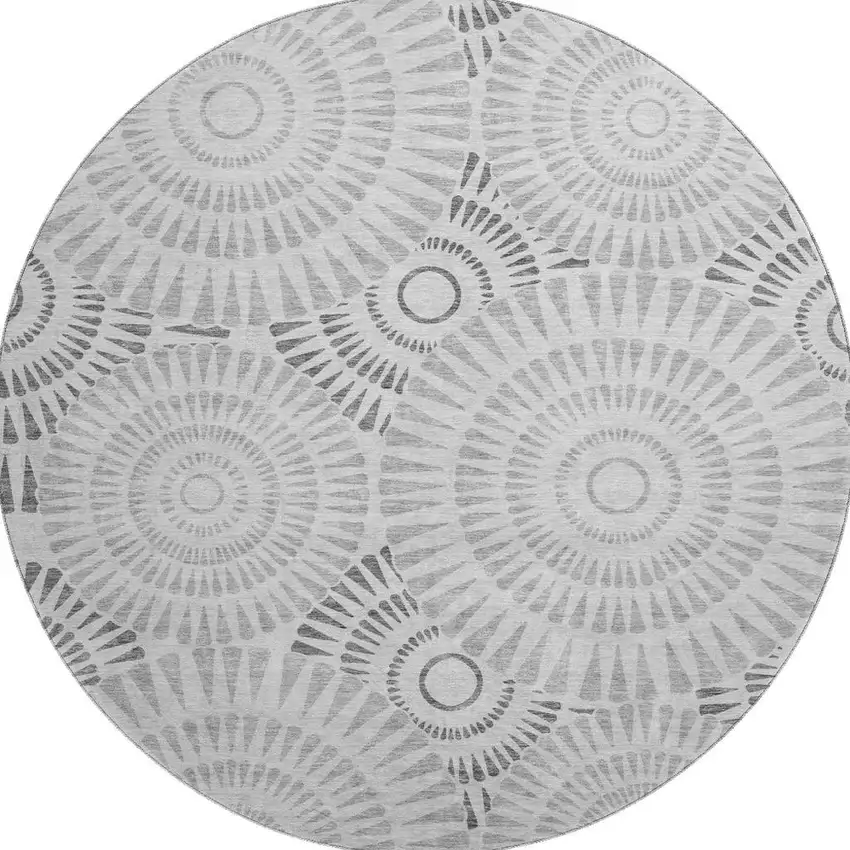 8' Gray And Silver Geometric Washable Round Rug With UV Protection Photo 3