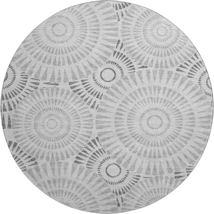 8' Gray And Silver Geometric Washable Round Rug With UV Protection Photo 1