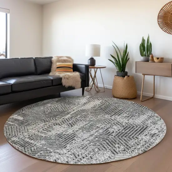 8' Gray And Silver Geometric Washable Round Rug With UV Protection Photo 5